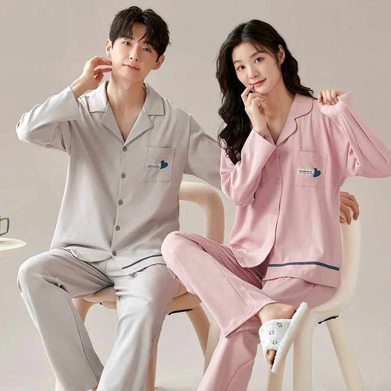 Пижамный комплект для пар хлопковая однотонная одежда отдыха с длинным рукавом