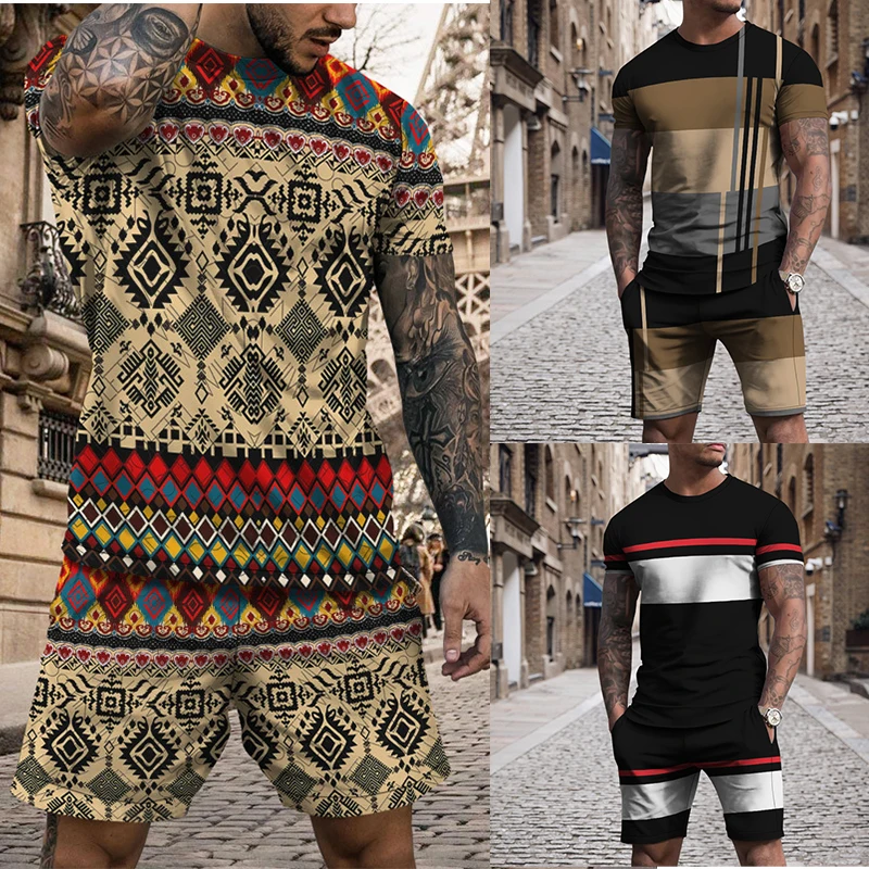 

Summer Men Tracksuit Fashion Bohemian Style T-shirts Shorts 2 Pieces Sports Suit Casual Trendy Male Oversized Outdoor Outfit