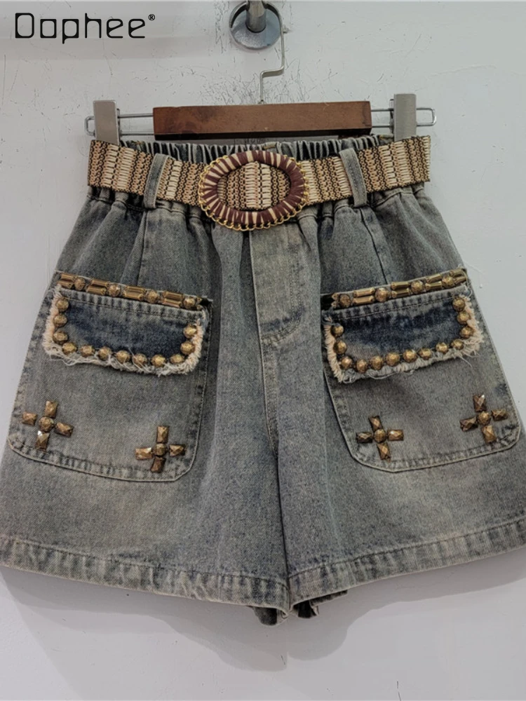 

Shorts for Women Heavy Industry Beads Retro Wide-Leg Denim Shorts 2023 Summer New Loose High Waist Booty Shorts Female