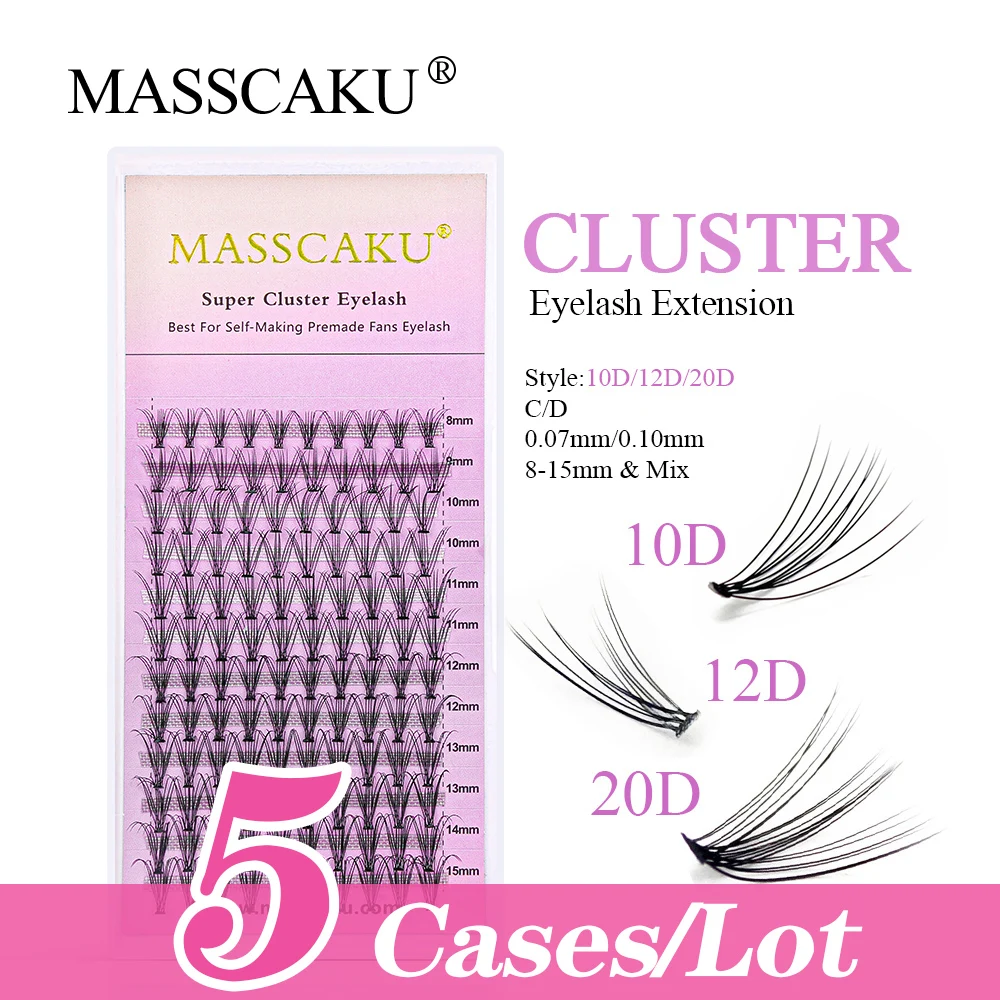 

5case/lot MASSCAKU 12 Lines Heat Bonded Clusters Individual False Eyelashes Extensions 0.07mm Pointy Base Premade Fans Lashes