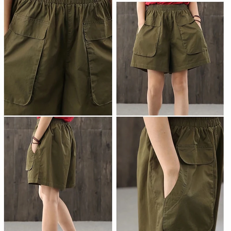 Casual Summer Womans Shorts High Waisted Elastic Band Female COTTON Shorts with Big Pockets Wide Leg Cargo Shorts Women Clothes