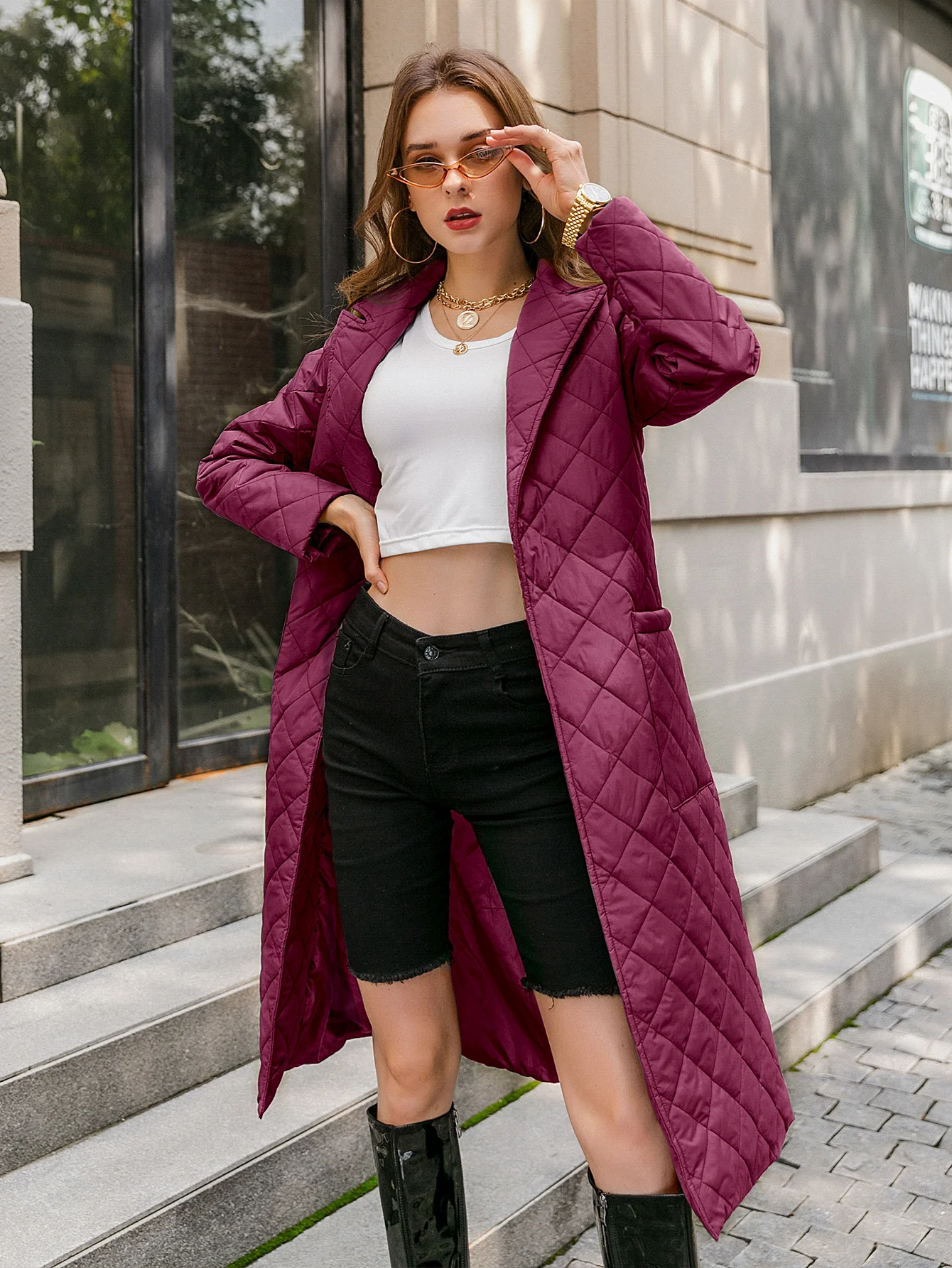 Diamond Pattern Long Straight Winter Coat Casual Belt Ladies Cold Protection Coat Deep Pocket Custom Collar Fashion Coat Women's