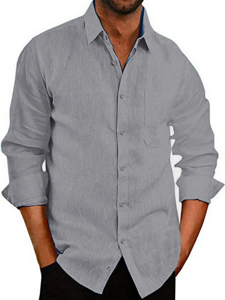 

Holiday Beach Breathable Streetwear 2022 Lapel Long Sleeve Solid Shirts Tops Mens Turn Down Collar Buttoned Slim Fit T-shirt Tee