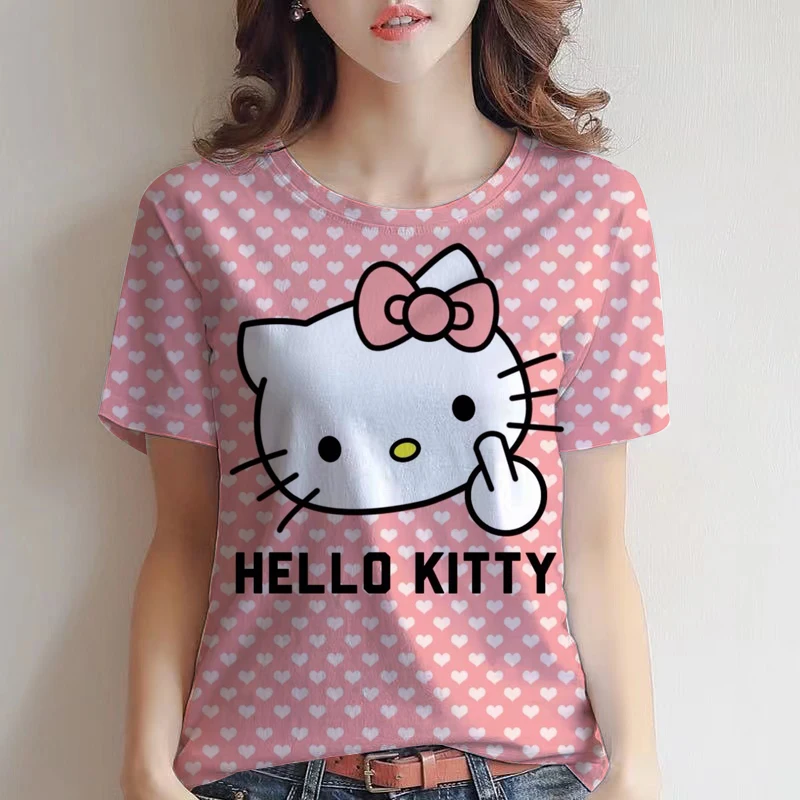 

The latest discount top Hello Kitty printed cute girl pink V-neck top 3D printed Kitty fashion casual women's loose T-shirt