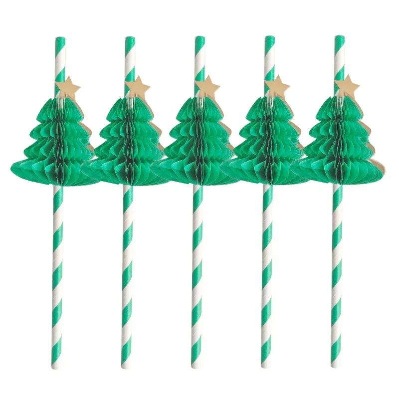 

10pcs Green Christmas Tree Straw Creative Party Christmas Cake Dessert Decoration Paper Honeycomb Shape Paper Straw