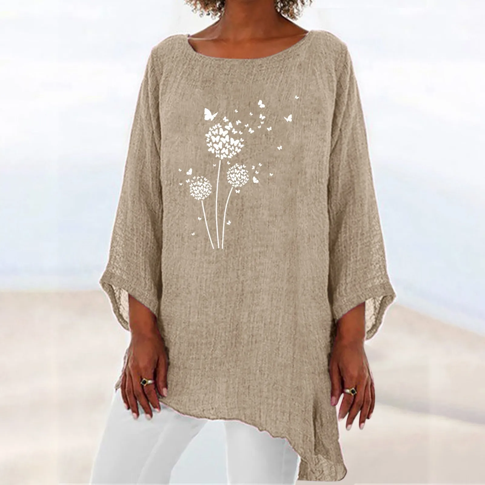 

Womens 3 Of 4 Sleeve Crew Neck Irregular Hem Top T Shirt Casual Linen Blend Womens Holiday Tops V Neck Women's Tops