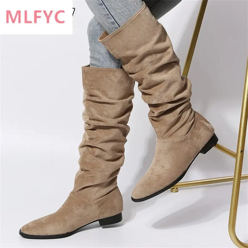 

Cavalier boots women's 2022 new thick heel but knee high boots long plush boots women's pleated pile sleeve boots