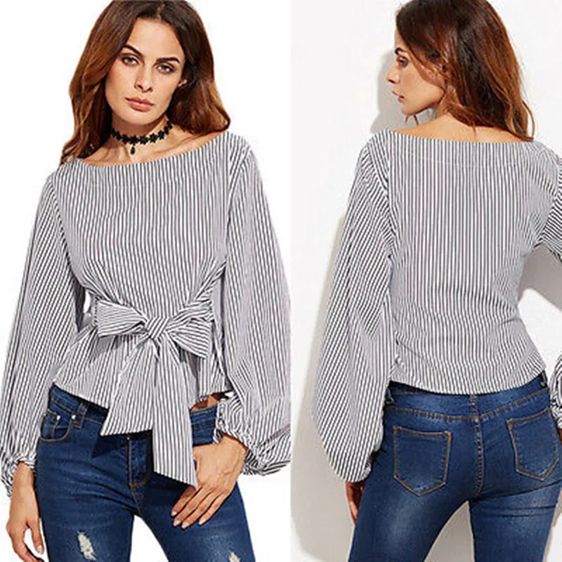 New Fashion Women Off Shoulder Top Striped Shirt Bowknot Long Sleeve Blouse 2022 Summer Autumn top