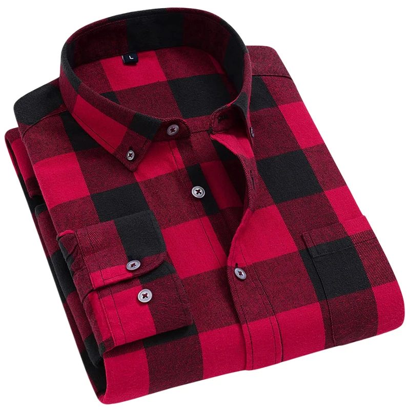 Men's Fashion Long Sleeve Brushed Flannel Shirt Single Pocket Comfortable 100% Cotton Casual Slim Fit Button-down Plaid Shirts