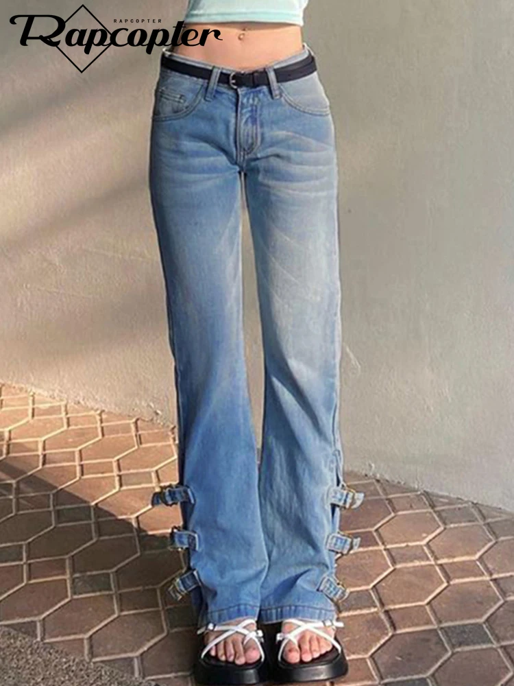 

Rapcopter Y2K Bandage Spilt Washed Jeans Women Pockets Zipper Mom Jeans Trousers Korean Aesthetic Straight Pants Chic Pants 90s