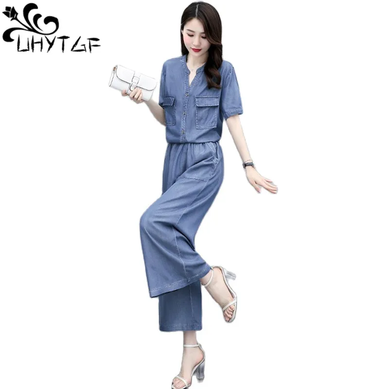 UHYTGF Quality Denim Two Piece Set Womens Short Sleeve Single Breasted Summer Suit Female Wide-Leg Pants Thin Outfits Clothes 35