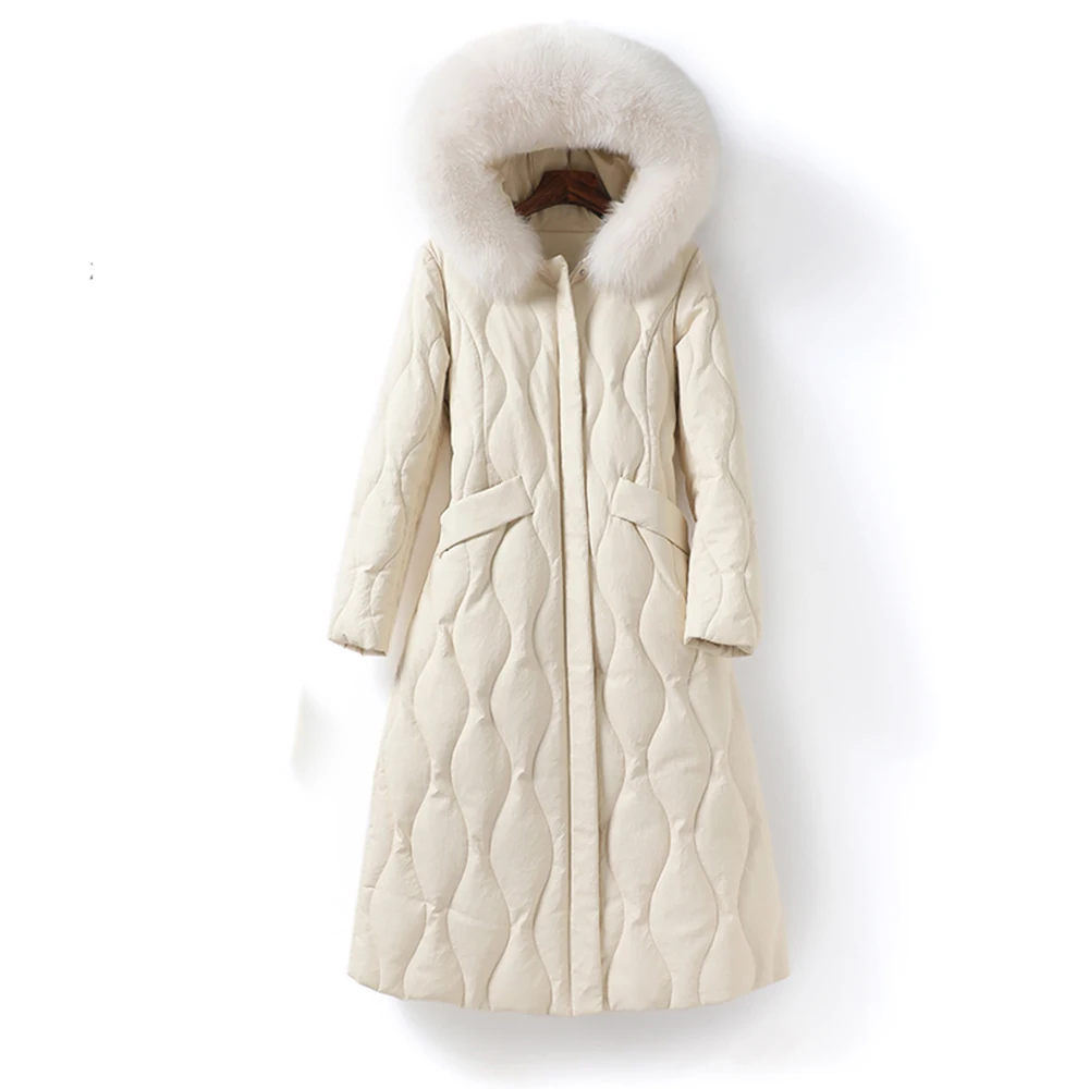 New Women Leather Down Coat Winter Casual Warm Real Fox Fur Collar Hooded Sheep Leather Down Coats Loose Long Thicken Outerwear