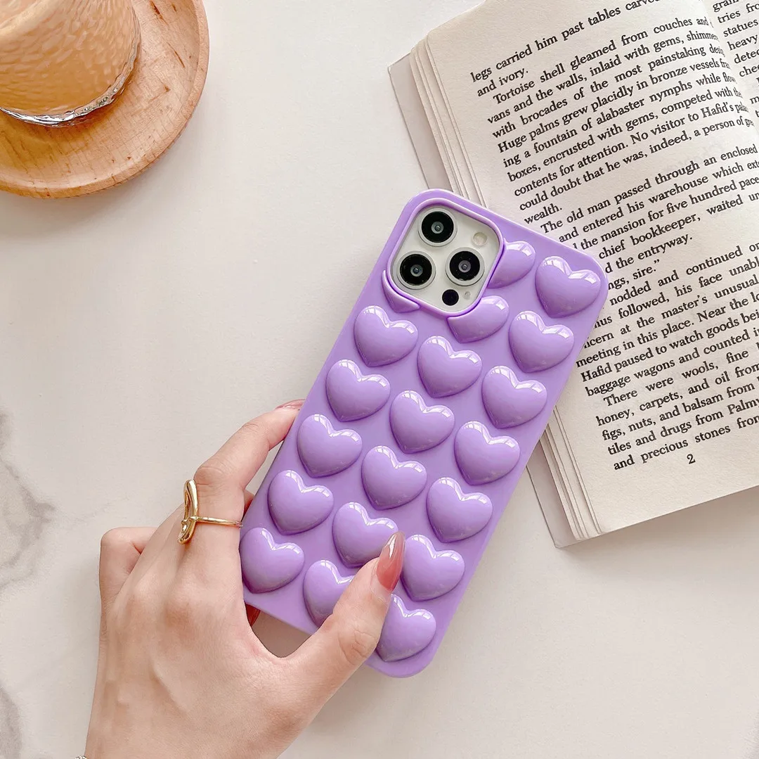 Cartoon 3D Love Heart Candy Color Phone Case for iPhone 13 12 14 11 Pro Max XS Max XR 7 Plus MINI Soft Solid Silicone Back Cover