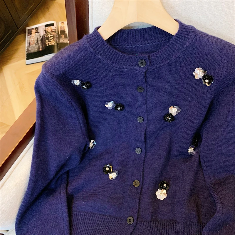 Элегантный осенне-зимний вязаный кардиган с блестками и круглым вырезом Женский