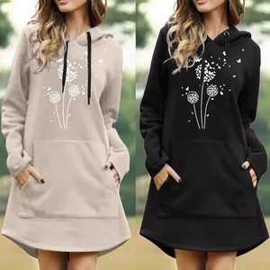 Womens Hooded Dandelion Print Casual Solid Color Pullover Pocket Long Sleeve Dress Sweatshirts Thick Oversized Hoodies Women
