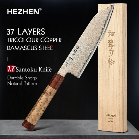 HEZHEN 7-дюймовый нож Santoku, профессиональные японские дамасские ножи шеф-повара, тесак для мяса, кухонный нож из высокоуглеродистой нержавеющей стали