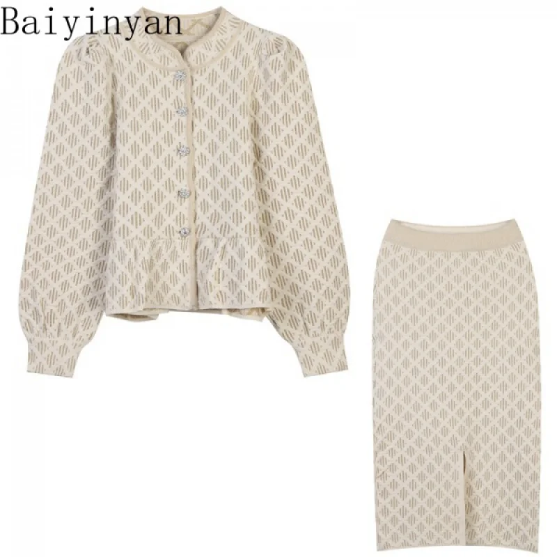 

Осень-зима 2021, новинка, женская блузка с круглым вырезом и длинными рукавами, юбка в клетку контрастных цветов, жаккардовая облегающая трико...