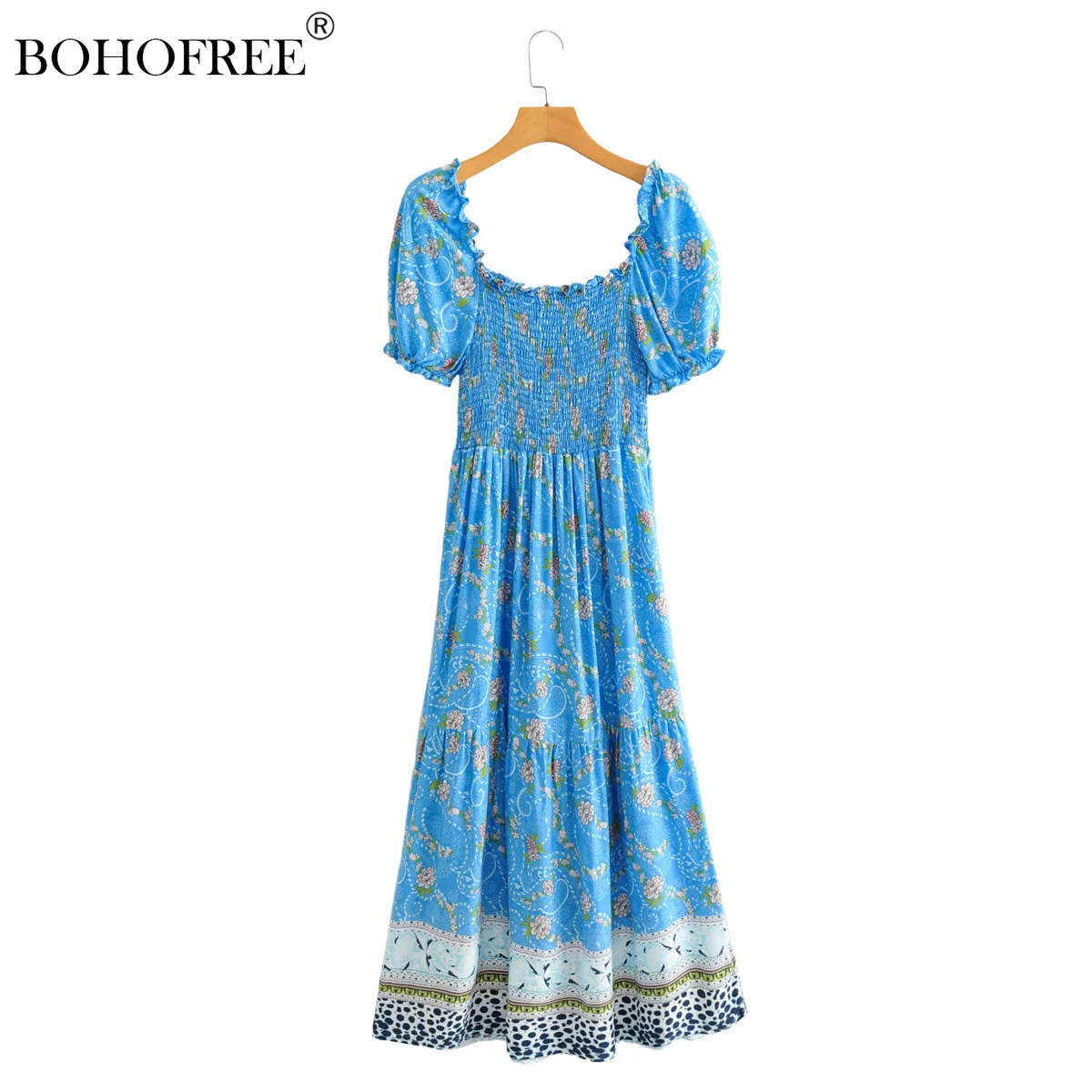

Boho Style Off Shoulder Vacation Resort Wear Beach Dress Maxi Hippie Blue Floral Playsley Print Vestidos Casual Women Dress