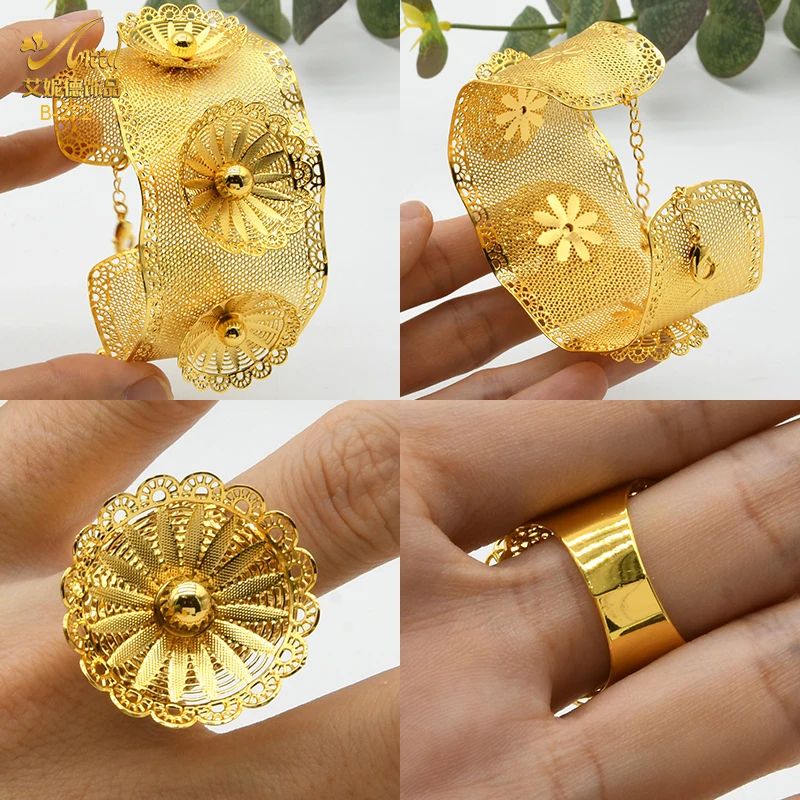 ANIID 24-каратное золото индийский цветок браслеты с кольцом для женщин Африканский