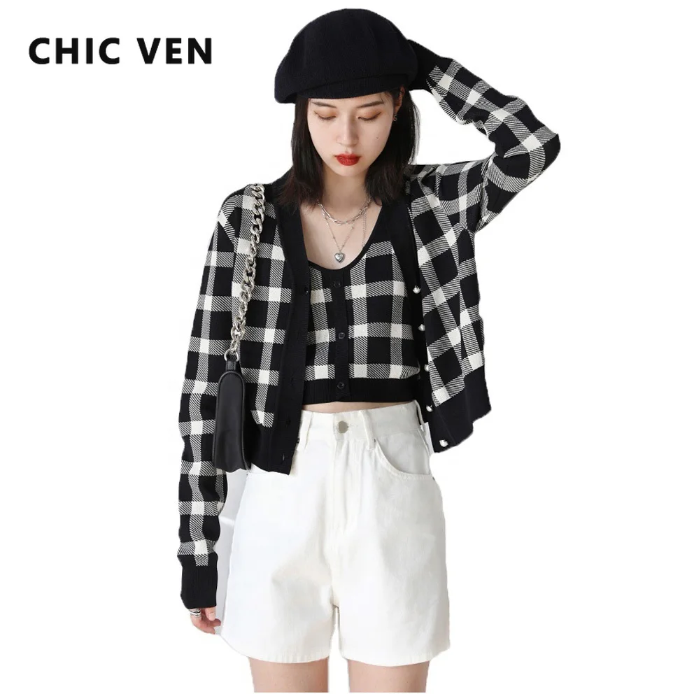 

CHIC VEN Korean Women's Knited Cardigan Checkered Vest Two Piece Set Casual Female Sweaters Ladies Tops Autumn Winter 2022