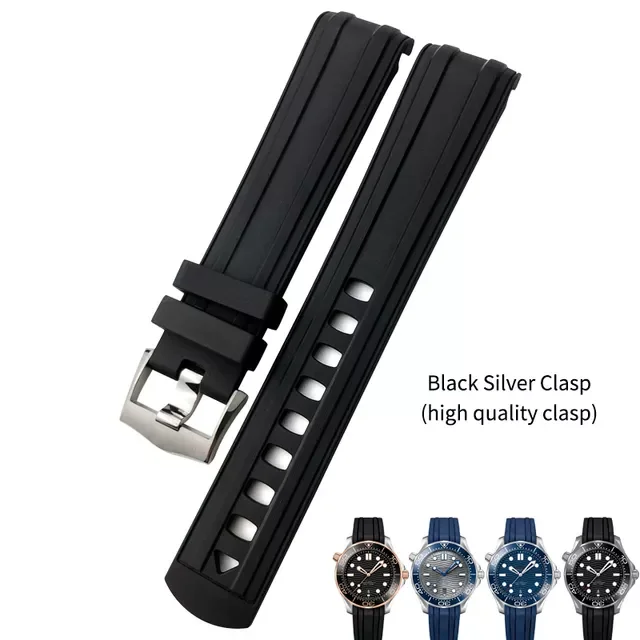 20mm 21mm 19/22mm High Quality Fluorous Rubber Silicone Watch Band Belt  Fit For Omega New Seamaster 300 Black Blue Soft Strap