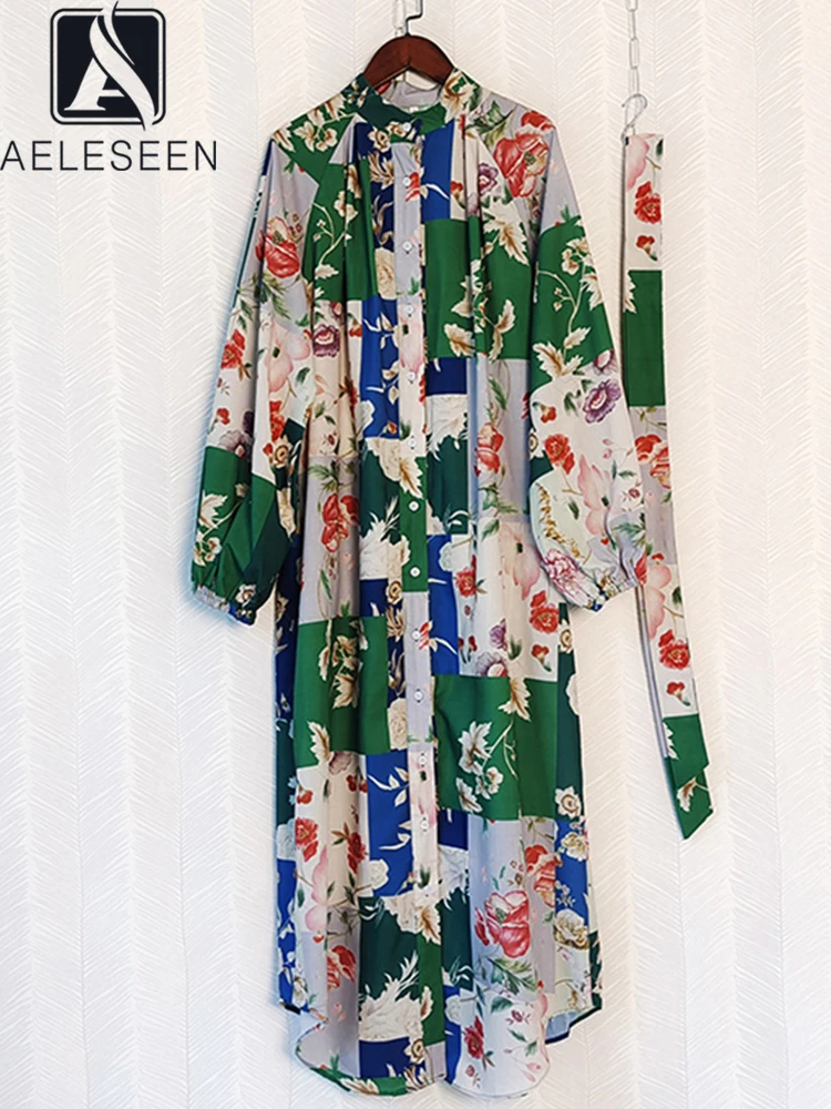 

Женское дизайнерское платье с поясом AELESEEN, Элегантное Длинное свободное Асимметричное Платье с принтом зеленых, синих цветов и рукавами-фо...