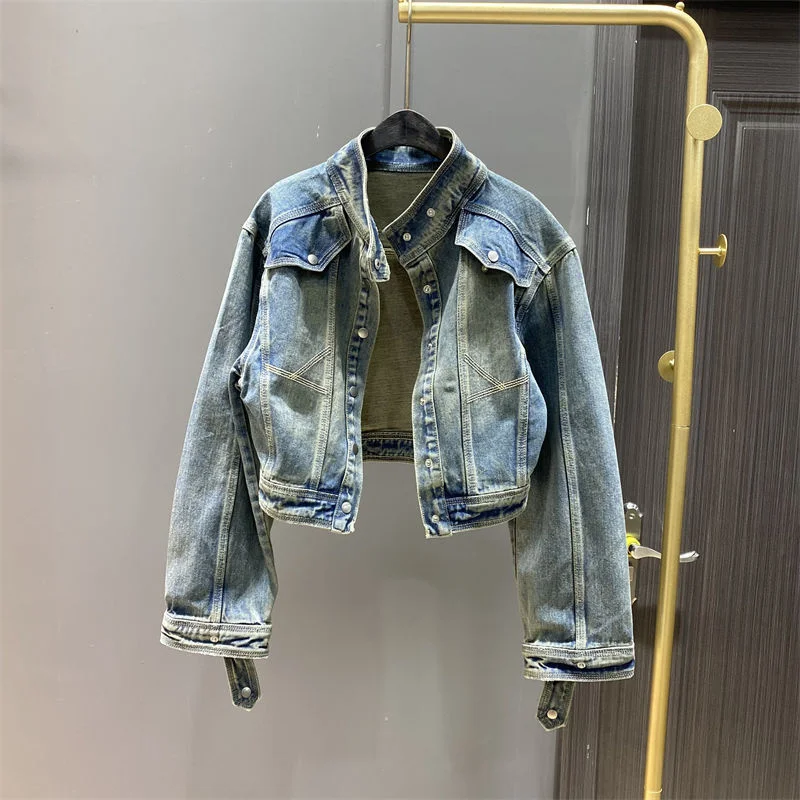 

LUXE&ENVY Spring 2023 New Hong Kong style vintage short denim jacket women loose fitting slim standing collar top