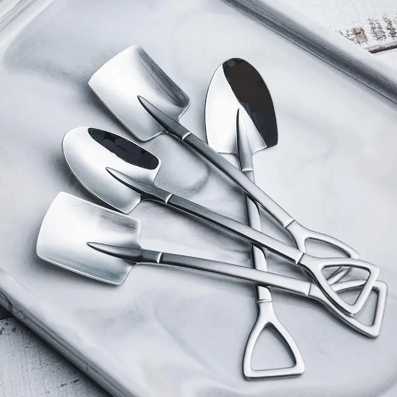 

4PCS a Pack Stainless Steel Creative Coffee Shovel Ice Cream Dessert Retro Cute Square Head Spoon Tableware Set Kitchen Gadget