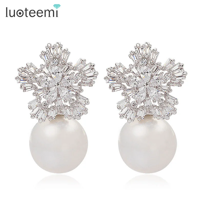 

LUOTEEMI High Quality Korean Shell Pearl Earring Micro Pave CZ Earring Fine Jewelry Earrings for Sexy Eleagnt Women boucle oreil