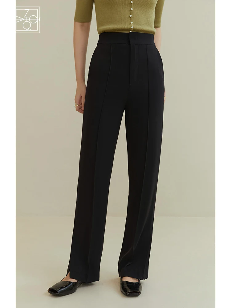 

ZIQIAO High Waist Straight Slit Mopping Pants Women Wide Legs Casual Commuter Office Lady Summer Elastic Waist Female Suit Pants