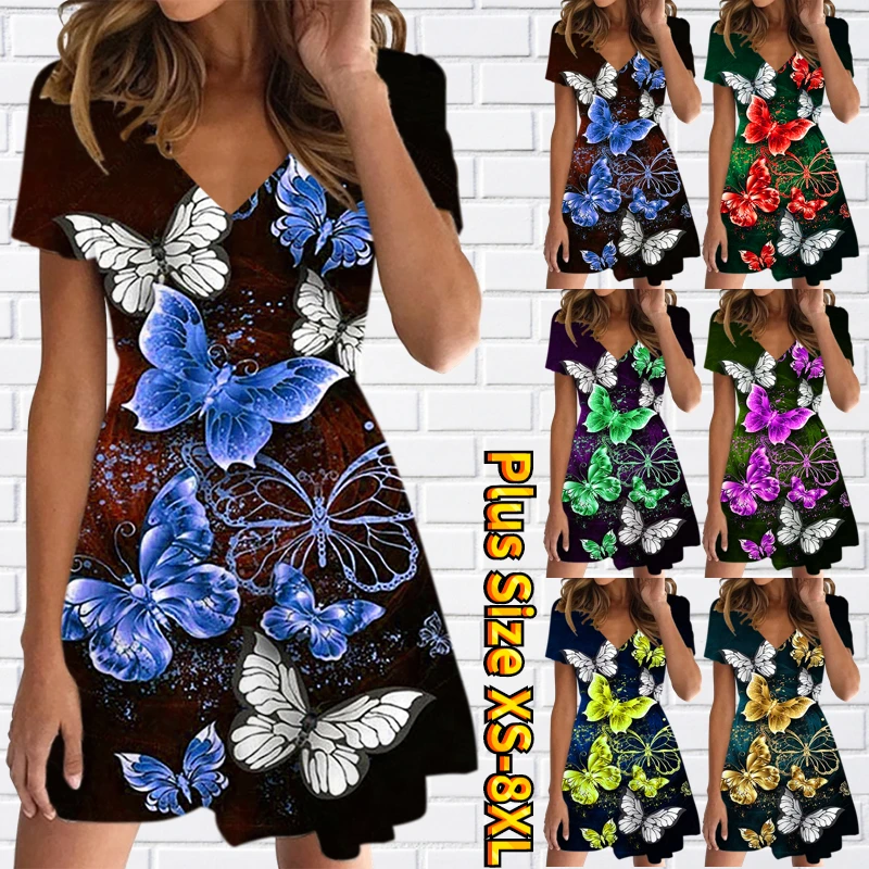 

Summer V-Neck Knee-length Skirt Women's Sexy Slim Dress Daily Retro Slim Skirt Fashion New Design Printing Short Sleeve Skirt