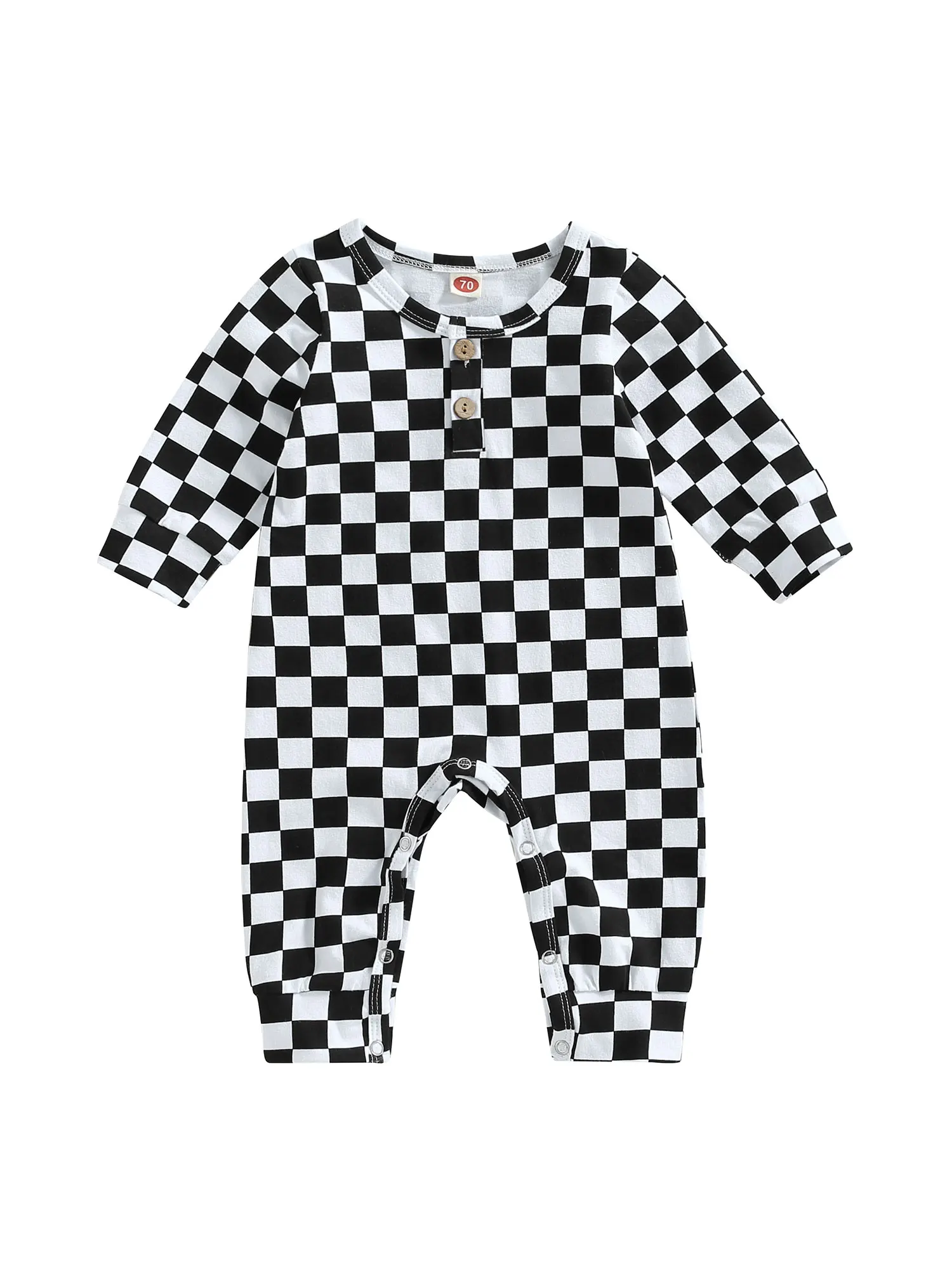 

Шахматный комбинезон унисекс для мальчиков и девочек, комбинезон с длинным рукавом, круглым вырезом, пуговицами спереди