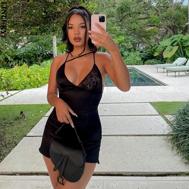 

Summer New Lace Stitching Wrap Chest Sleeveless Dress For Women Hot Girl Hip Club Party Mini Dresses Woman Clothing