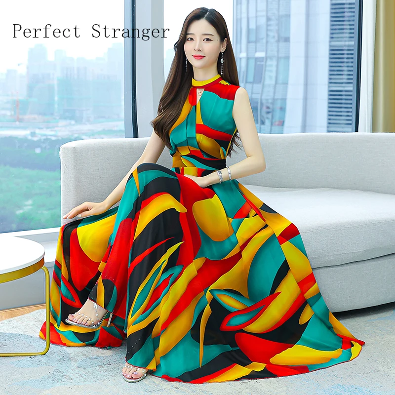 

2022 Flower Printed Chiffon Casual Women Summer Dress V Neck Sleeveless Bohemian Eleganti Vintage Robe Longue