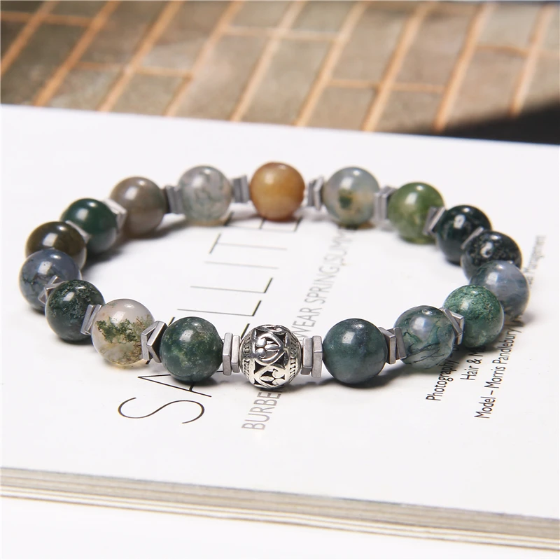 

Fashion Natural Stone Moss Agates Bracelets Healing Round Howlites Bangles Charm Bracelet for Women Men Energy Yoga Jewelry