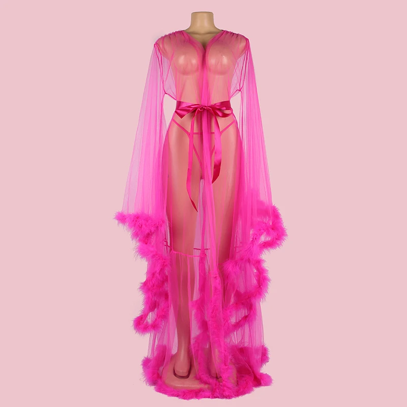 Ohyeahlady Custom Wedding Bathrobes Sheer Lingerie Nightie Plus Size Long Feather Bridal Robe Drop Shipping Sexy Women Nightwear