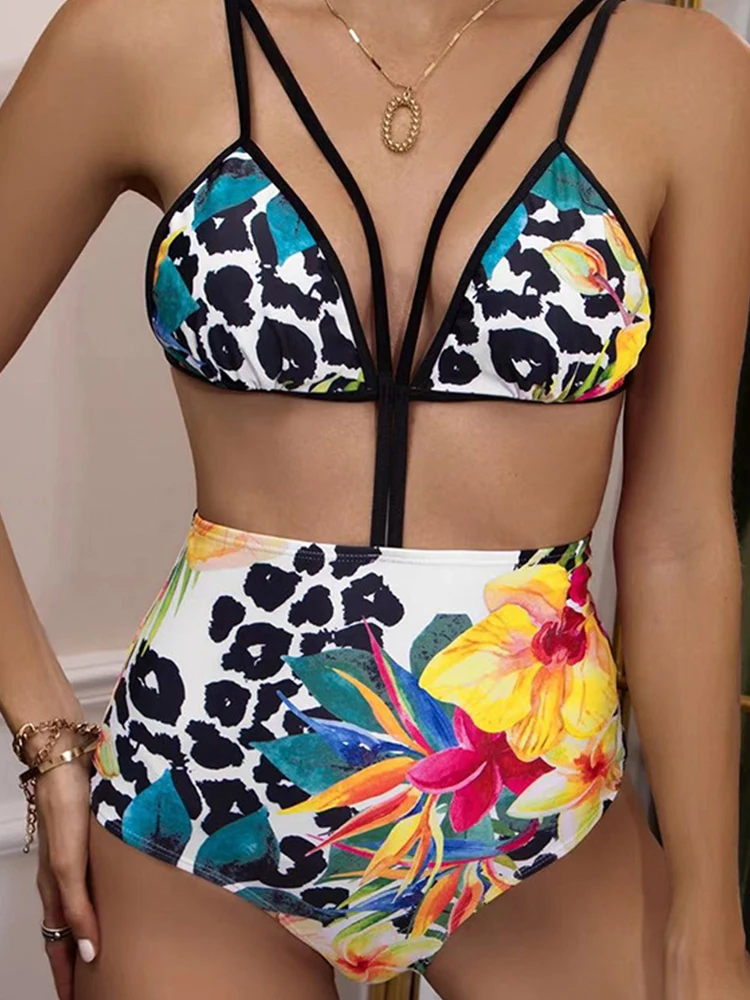 

Цельный женский купальник с цветочным принтом, бикини с высокой талией, облегающие бретельки-спагетти, Мягкий Глубокий вырез, пляжная одежд...