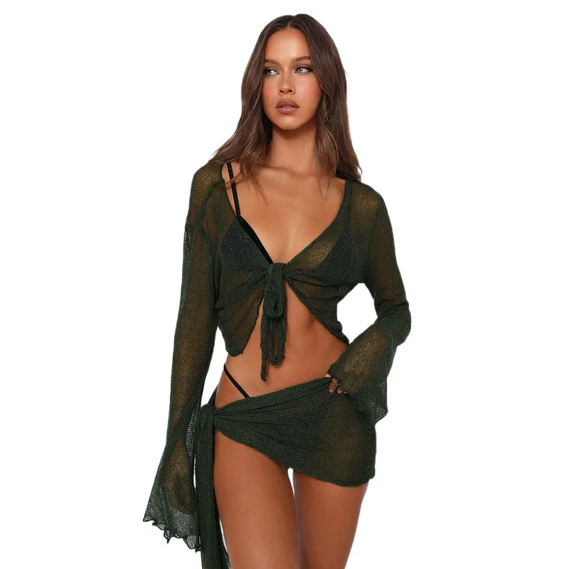 

Summer New European And American Women's Mesh Perspective Lacing Long Sleeve Wrapped Chest Top Casual Half Skirt Set