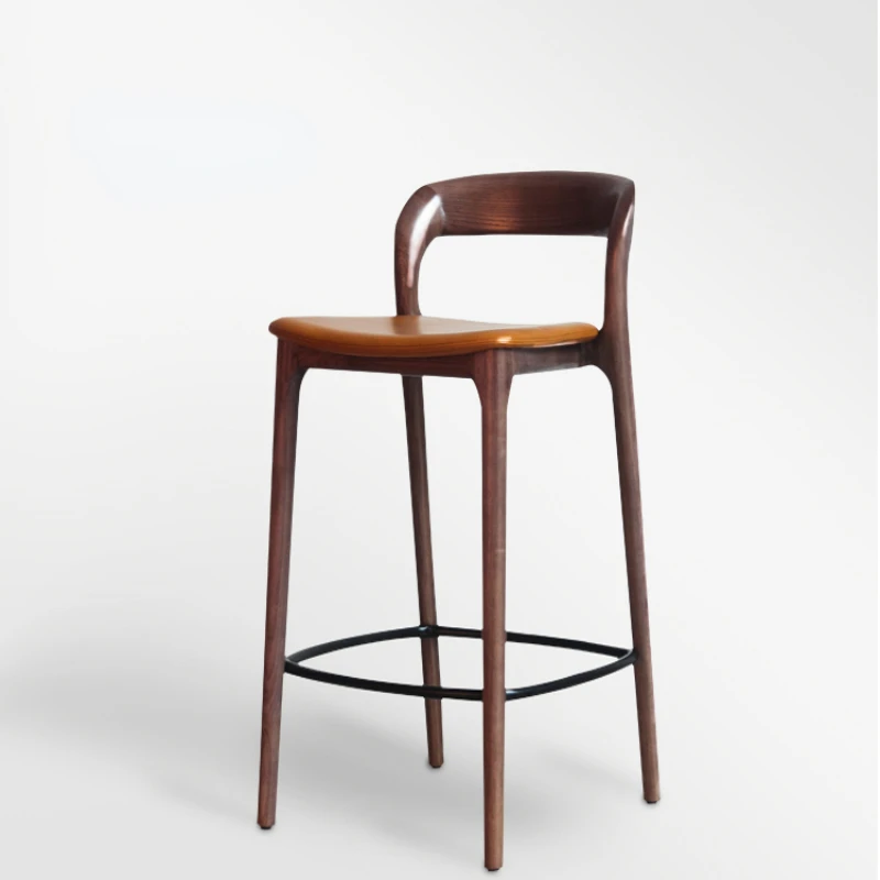

Nordic Solid Wood Bar Stool Home Backrest High Stool Modern Minimalist Bar Chair Ash Leather Bar Chair Creative