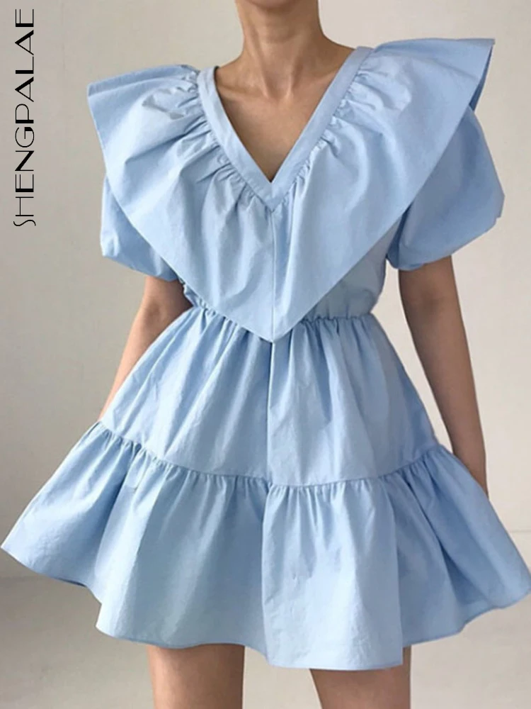 

SHENGPALAE Лето 2022 новое платье женское повседневное одноцветное с v-образным вырезом с коротким рукавом Высокая талия мини платья мода шик 5SD1107