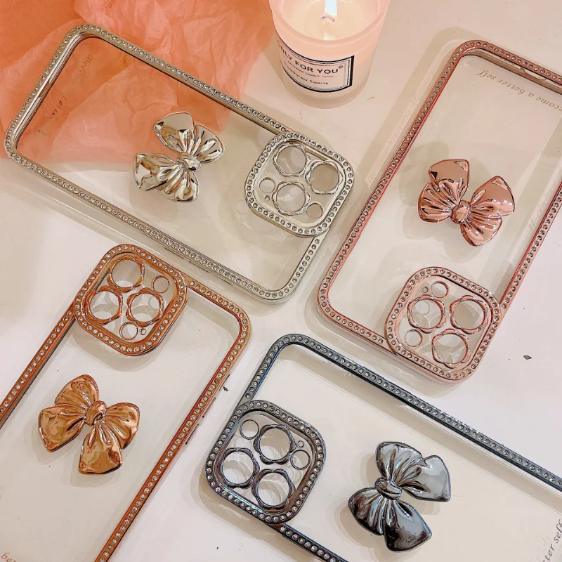 

Luxury Solid Color Transparent Electroplating Bowknot Glitter Simple Diamond TPU Mobile Phone Case for iPhone 13 12 11ProMax