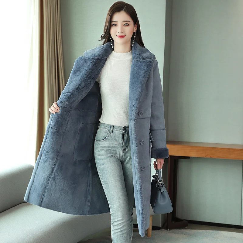 

2023 Winter Mid-Length Lamb Wool Coat Women's Deerskin Velvet Thickened Cotton-Padded Coat Big Fur Collar Slim-Fit Overcoat
