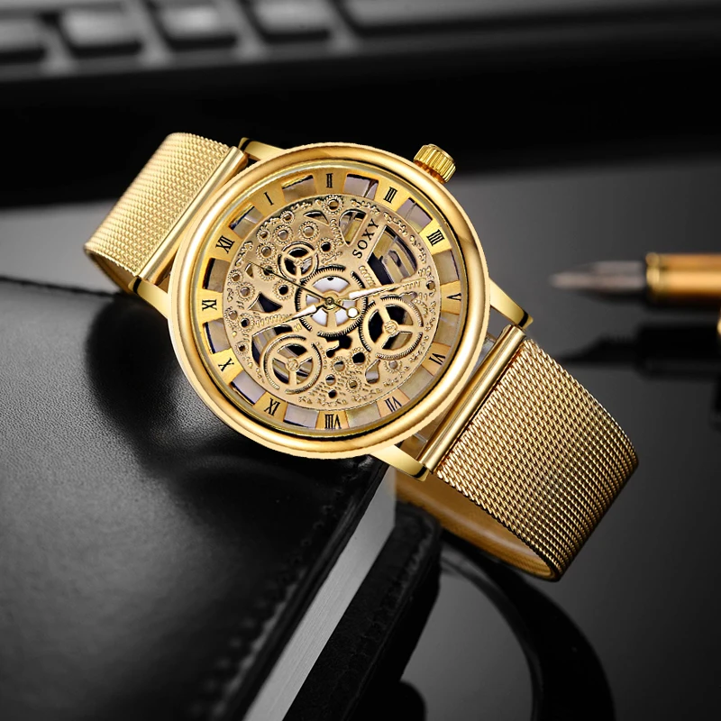 

SOXY Luxury Skeleton Watch Men Watch Fashion Gold Watch Men Stainless Steel Clock Men's Watch reloj hombre relogio masculino