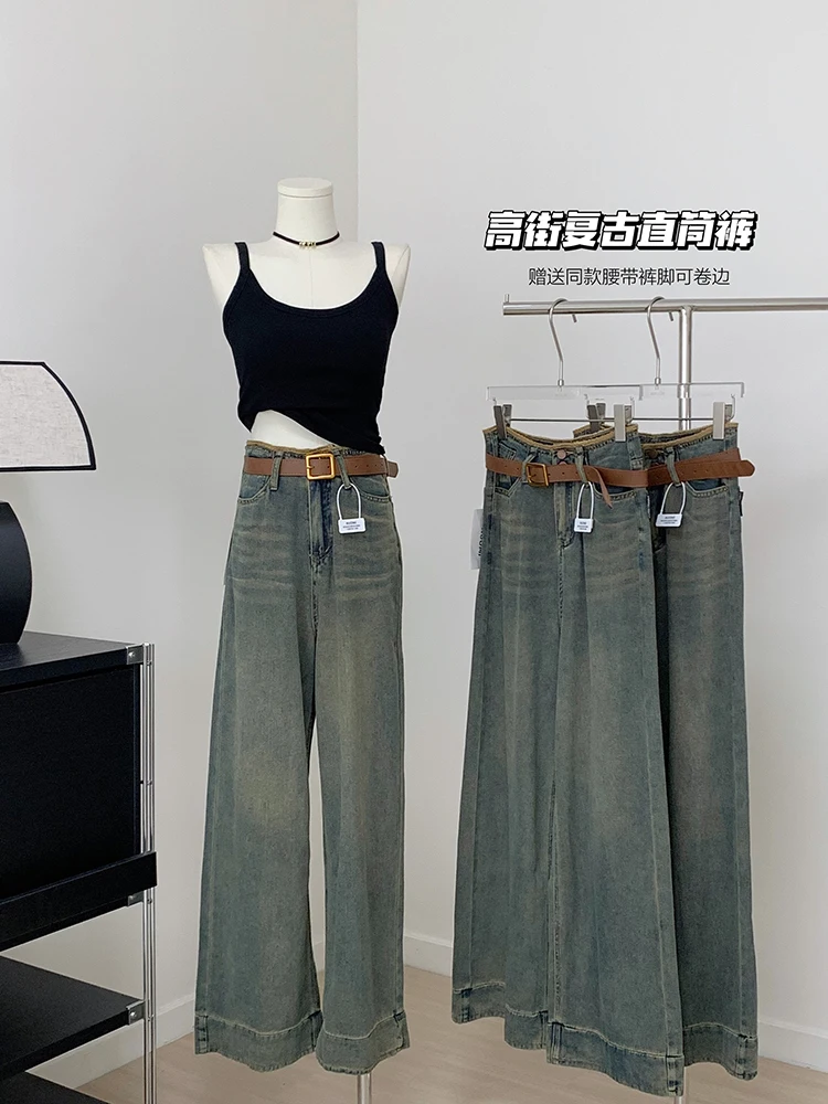 

Harajuku American Retro Fashion Summer Women High Waist Jeans Loose Wide Leg Straight Denim Trousers Y2K Baggy Pants Streetwear