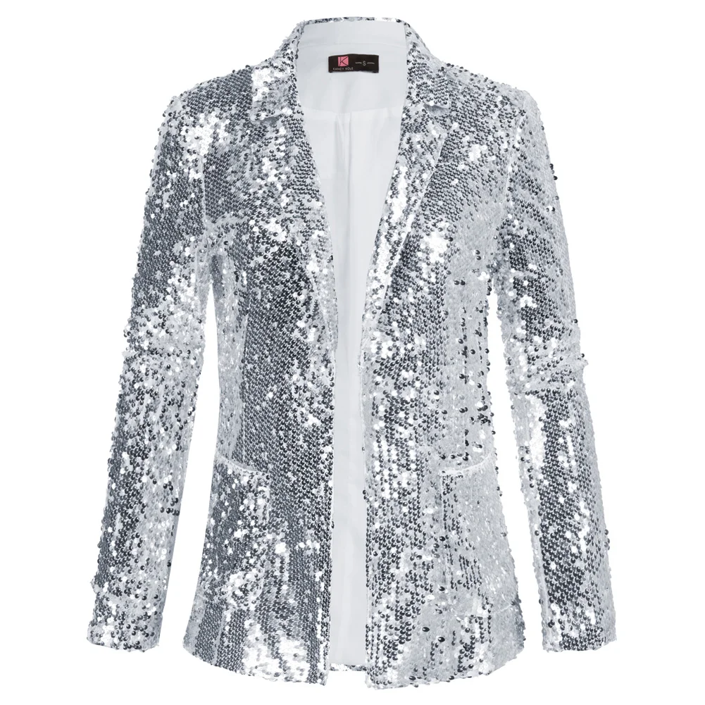 KK женский блестящий пиджак со сверкающими блестками пальто с длинным рукавом и