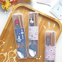portable tableware set for students stainless steel spoon bamboo chopstick with storage box cute children tableware 2pcs set
