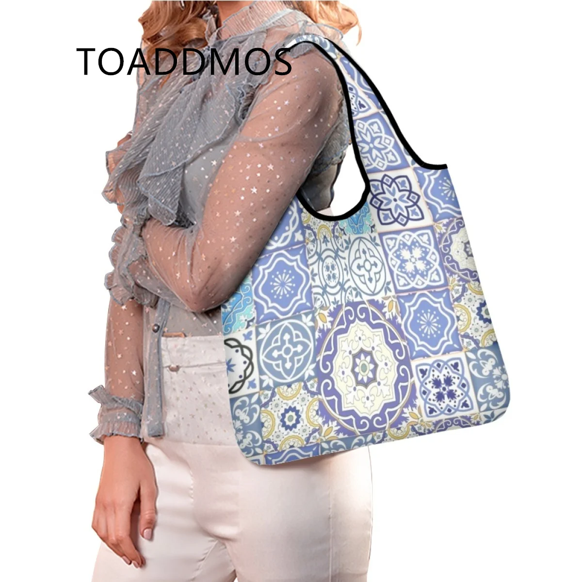 

TOADDMOS Retro Geometric Mosaic Pattern Shoulder Bag Portable Travel Out Storage Pocket Home Shopping Large Capacity Grocery Bag
