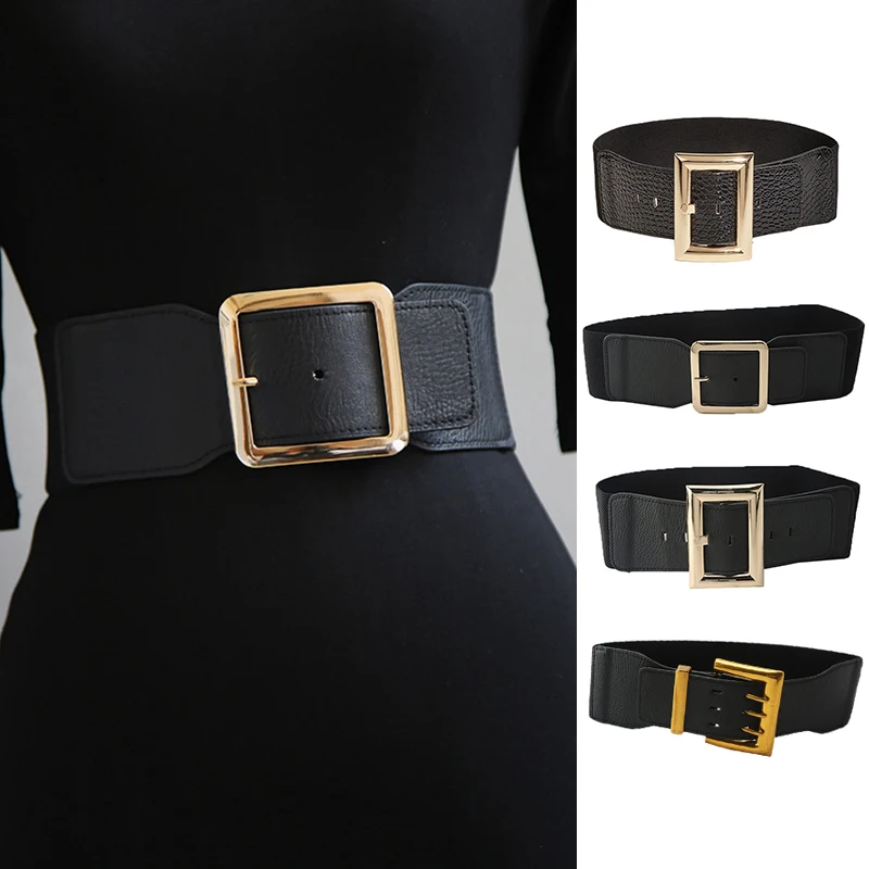 

2022 Fashion Elastic Women's Belt Golden Buckle Wide Waist Belt Dress Coat Luxury Brand Waistbands Waist Seal Stretch Cummerband