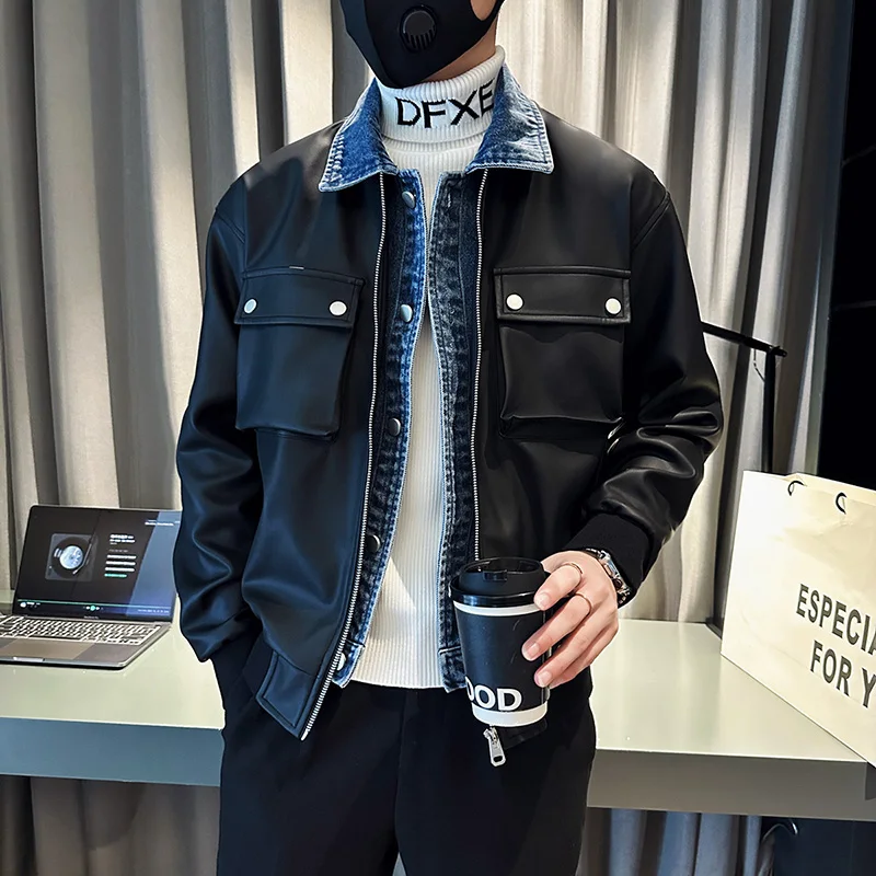 

2022 New Leather Jackets Men Fashion Denim Splicing Fake Two Pieces Motorcycle Jacket Casual Social Coat Streetwear Men Clothing