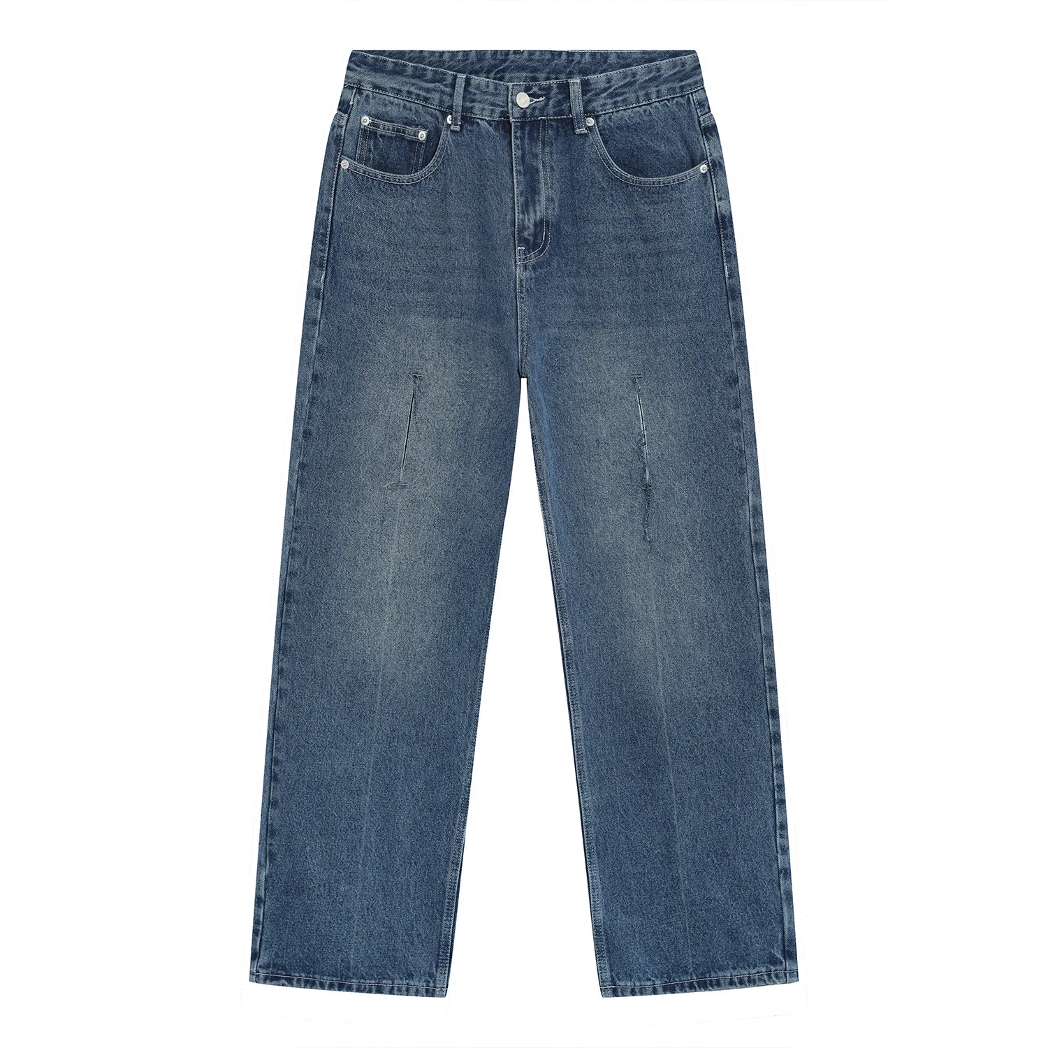 Four Seasons Men's Straight Hole Design Blue Jeans Men's Wide Leg Pants Fashion Streetwear Ins Hot Sale Korean Fashion Clothing